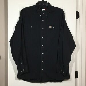 Wrangler Riggs Workwear Long Sleeve Button Down Solid Twill Shirt, Black, 2XT